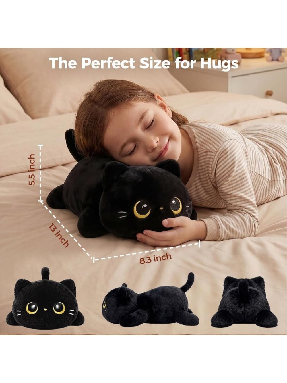 Black Cat Plush Pillow 13" Cute Squishy Huggable Stuffed Animal Desk Decor - Picture 2 of 6